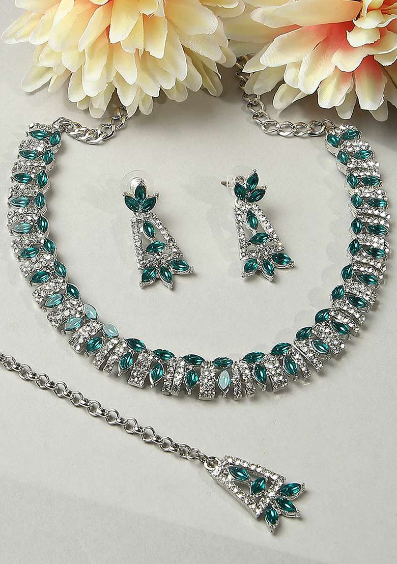 Green Alloy American Diamonds and Stone Necklace Set - Indya