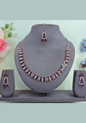 Maroon Alloy American Diamonds and Stone Necklace Set