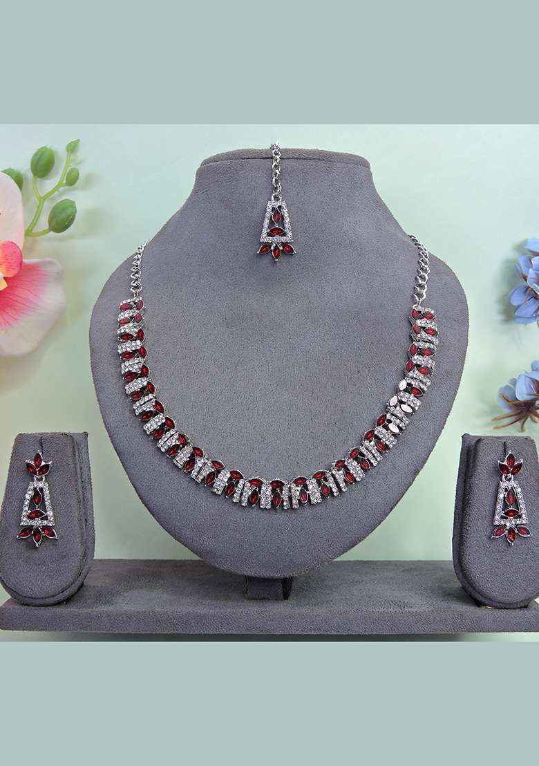 Maroon Alloy American Diamonds and Stone Necklace Set - Indya
