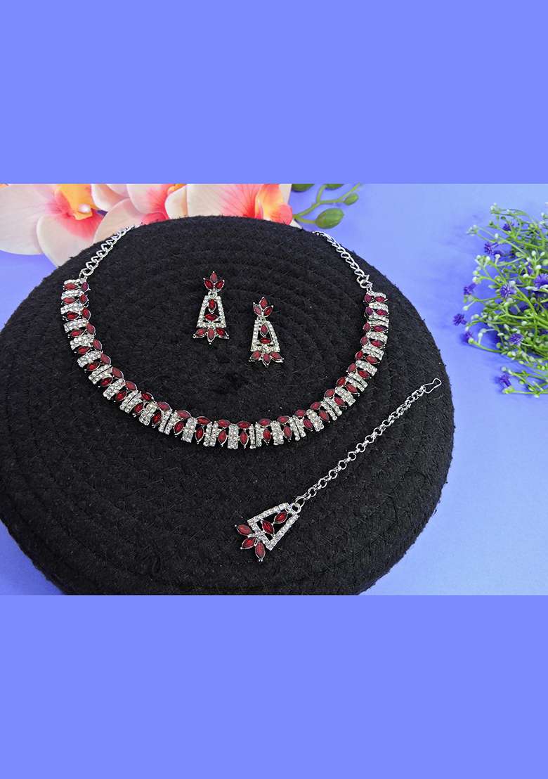 Maroon Alloy American Diamonds and Stone Necklace Set - Indya