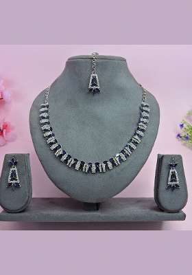 Blue Alloy American Diamonds and Stone Necklace Set