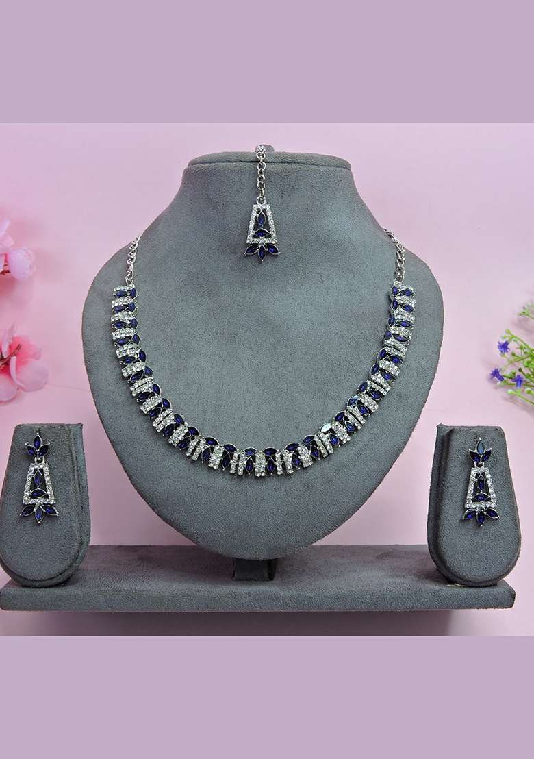 Blue Alloy American Diamonds and Stone Necklace Set - Indya
