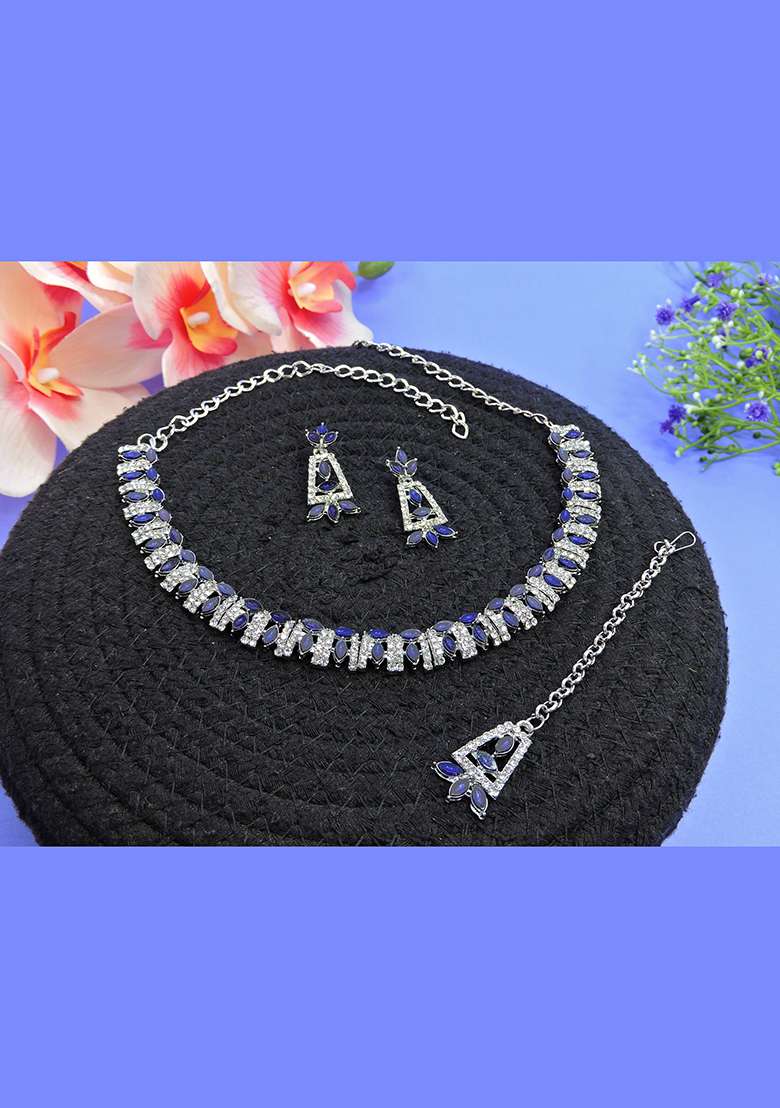 Blue Alloy American Diamonds and Stone Necklace Set - Indya