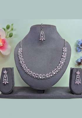 Pink Alloy American Diamonds and Stone Necklace Set