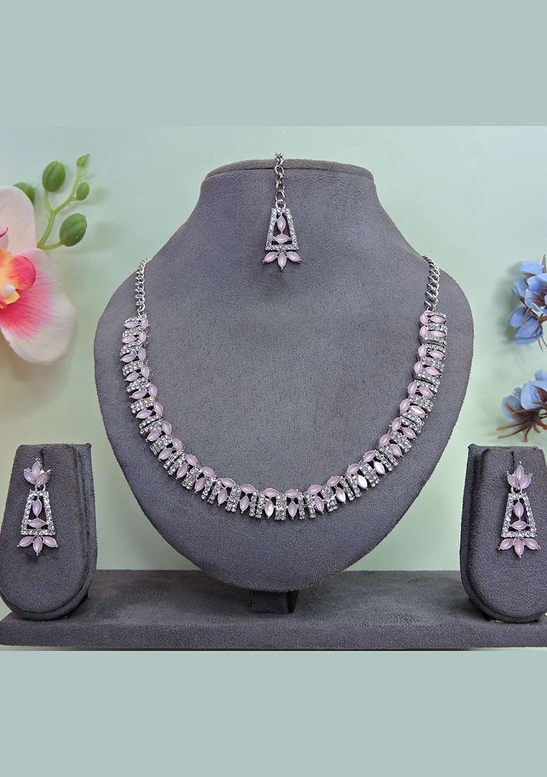 Pink Alloy American Diamonds and Stone Necklace Set - Indya