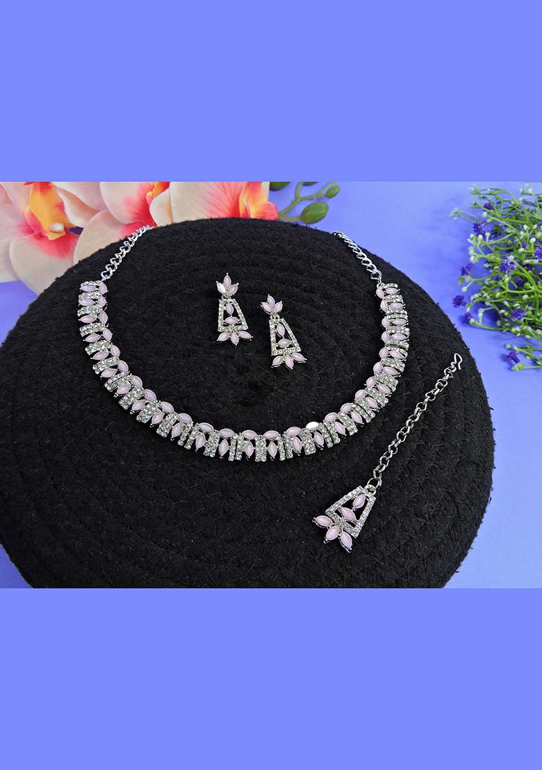 Pink Alloy American Diamonds and Stone Necklace Set - Indya