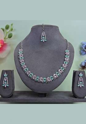 Green Alloy American Diamonds and Stone Necklace Set