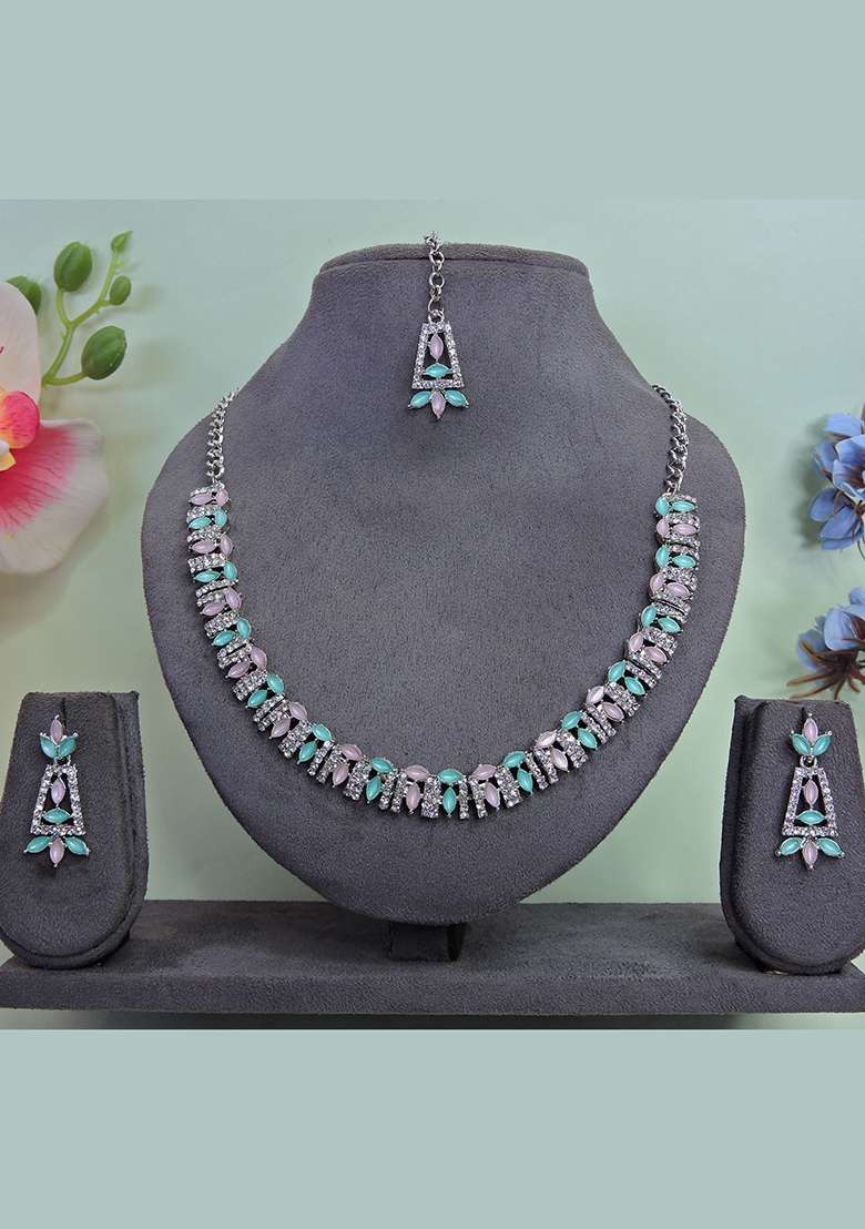 Green Alloy American Diamonds and Stone Necklace Set - Indya