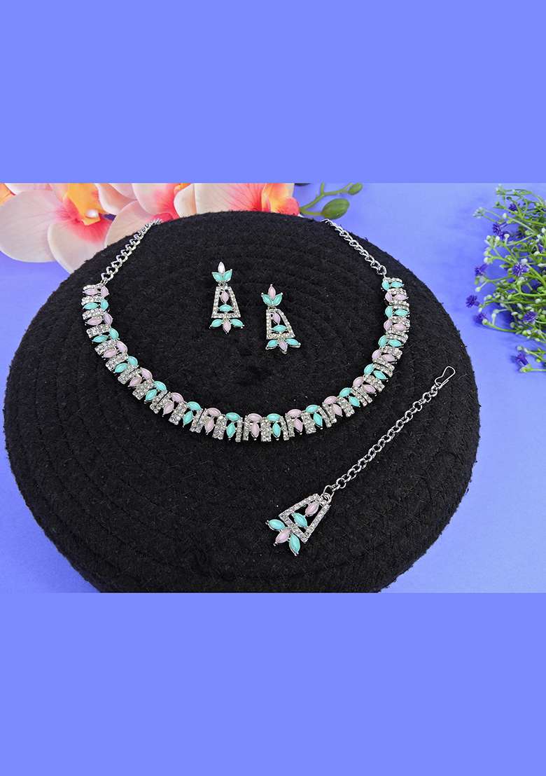 Green Alloy American Diamonds and Stone Necklace Set - Indya