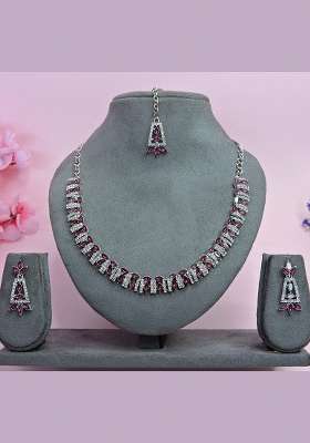 Purple Alloy American Diamonds and Stone Necklace Set