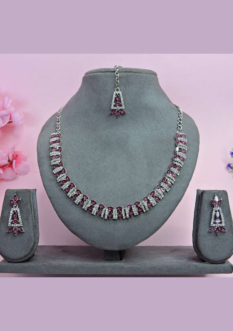 Purple Alloy American Diamonds and Stone Necklace Set - Indya