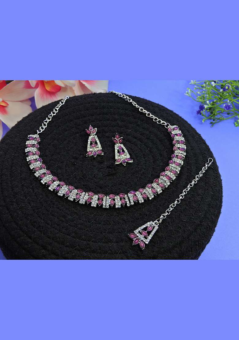 Purple Alloy American Diamonds and Stone Necklace Set - Indya