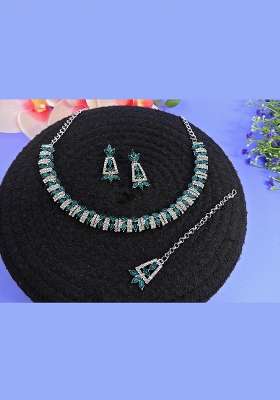 Green Alloy American Diamonds and Stone Necklace Set