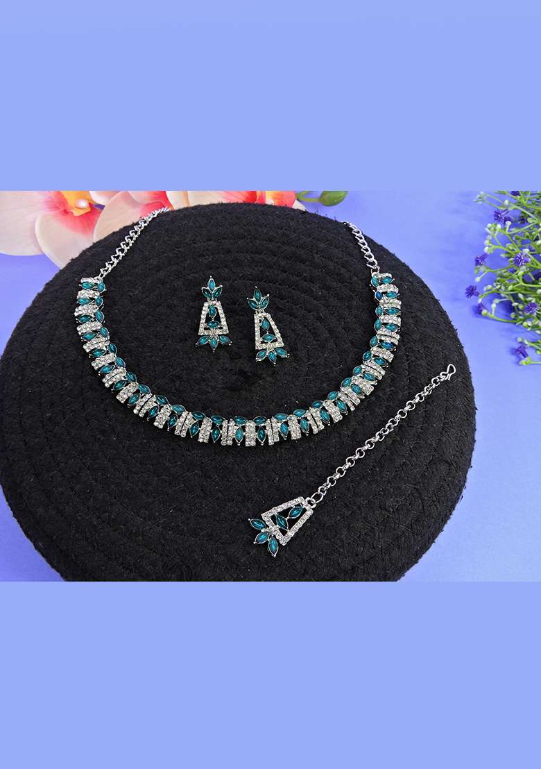 Green Alloy American Diamonds and Stone Necklace Set - Indya