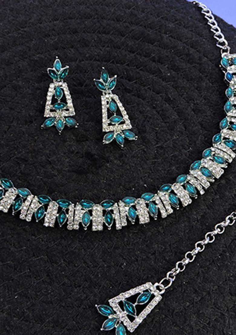 Green Alloy American Diamonds and Stone Necklace Set - Indya