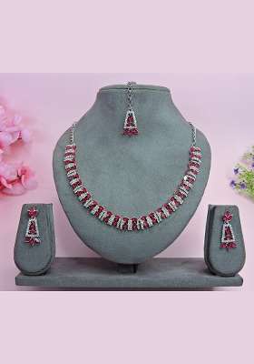 Pink Alloy American Diamonds and Stone Necklace Set