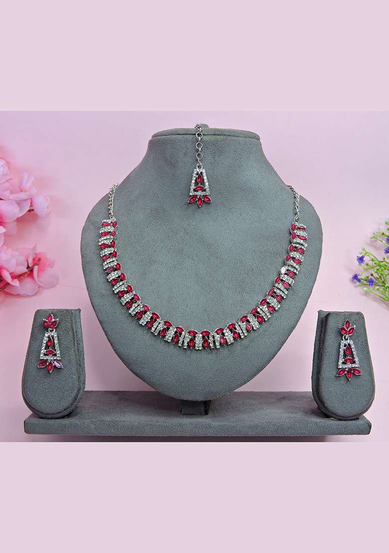 Pink Alloy American Diamonds and Stone Necklace Set - Indya