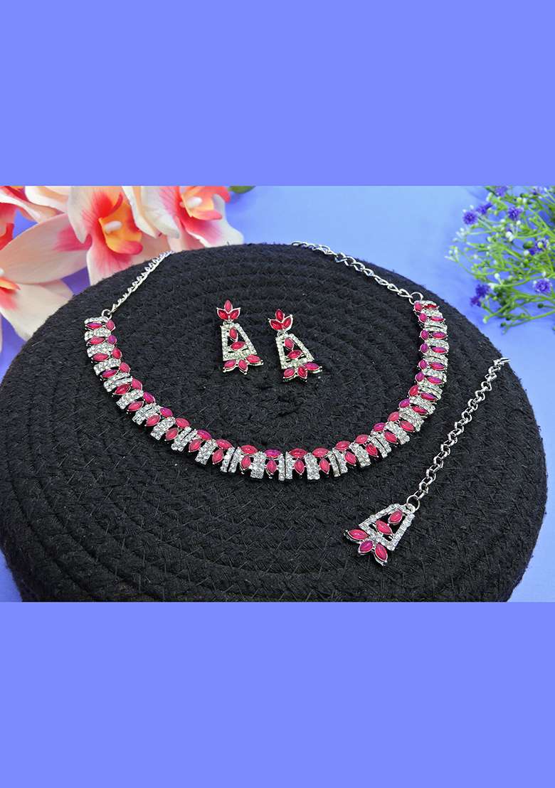 Pink Alloy American Diamonds and Stone Necklace Set - Indya