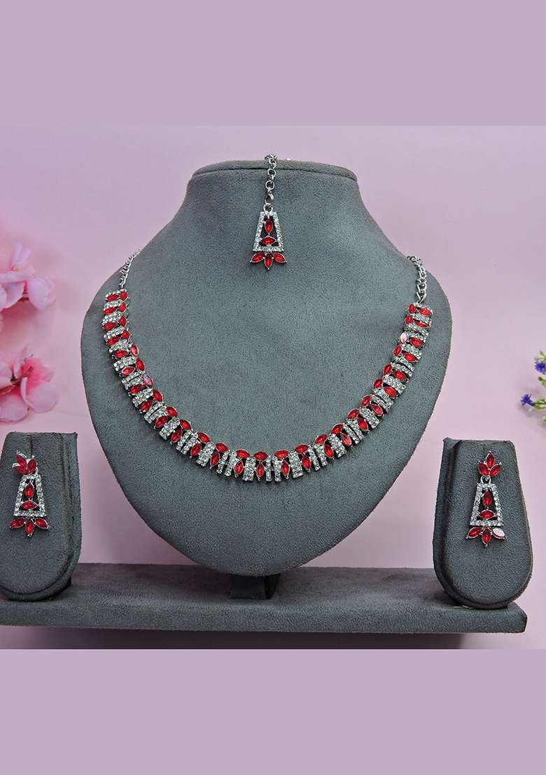 Red Alloy American Diamonds and Stone Necklace Set - Indya