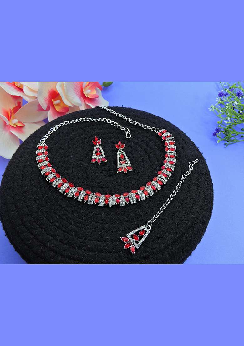Red Alloy American Diamonds and Stone Necklace Set - Indya