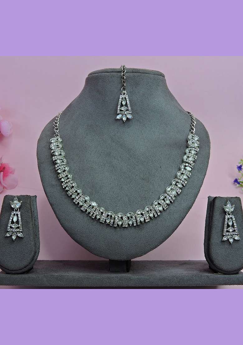 White Alloy American Diamonds and Stone Necklace Set - Indya