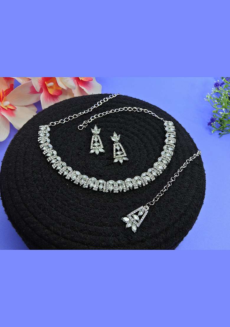 White Alloy American Diamonds and Stone Necklace Set - Indya