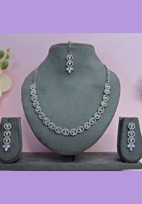 Purple Alloy American Diamonds and Stone Necklace Set