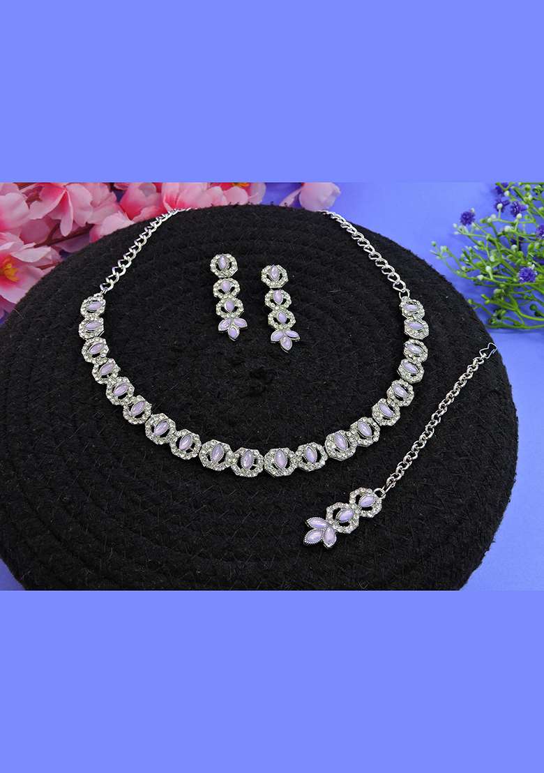 Purple Alloy American Diamonds and Stone Necklace Set - Indya