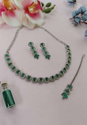 Green Alloy American Diamonds and Stone Necklace Set