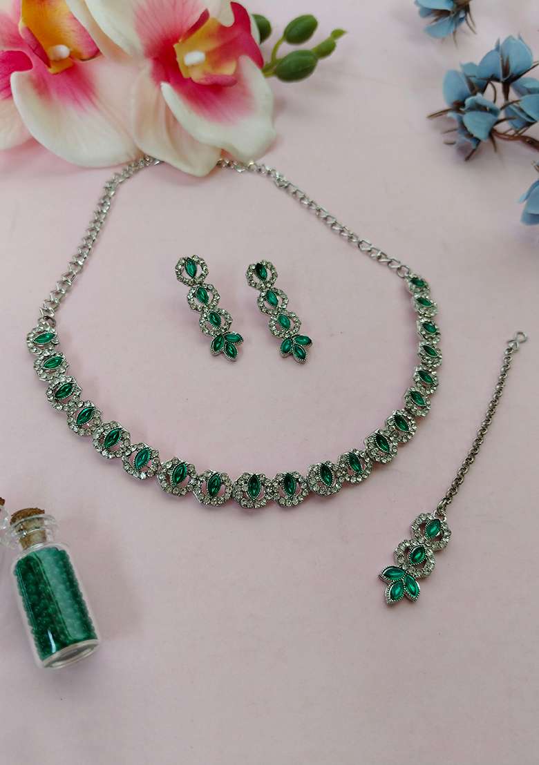Green Alloy American Diamonds and Stone Necklace Set - Indya