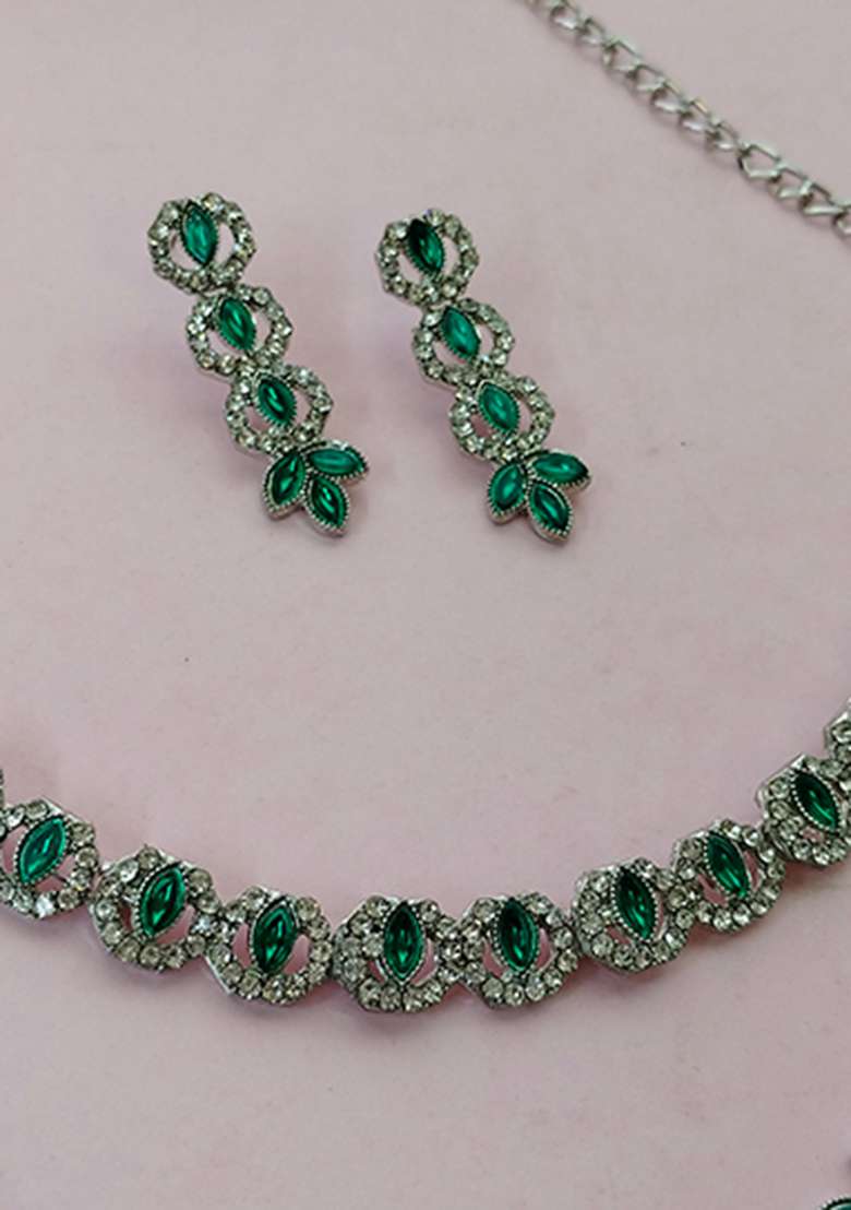 Green Alloy American Diamonds and Stone Necklace Set - Indya