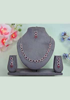 Maroon Alloy American Diamonds and Stone Necklace Set