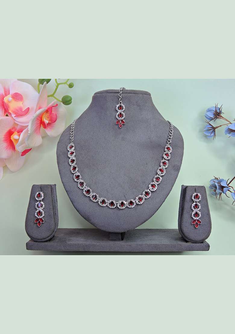 Maroon Alloy American Diamonds and Stone Necklace Set - Indya