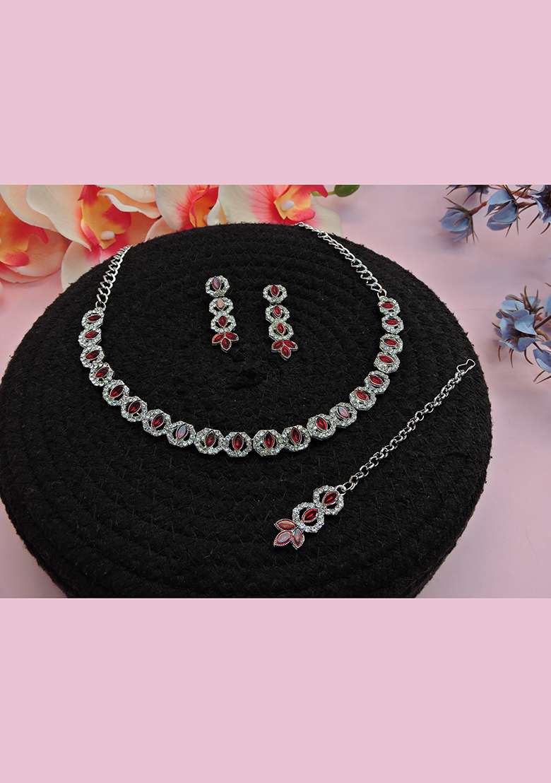 Maroon Alloy American Diamonds and Stone Necklace Set - Indya