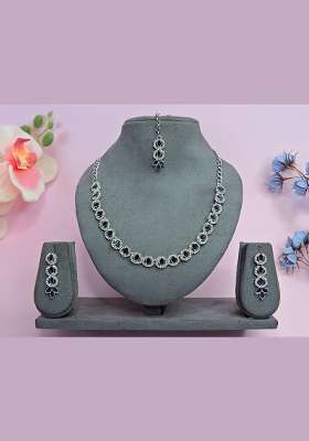 Blue Alloy American Diamonds and Stone Necklace Set