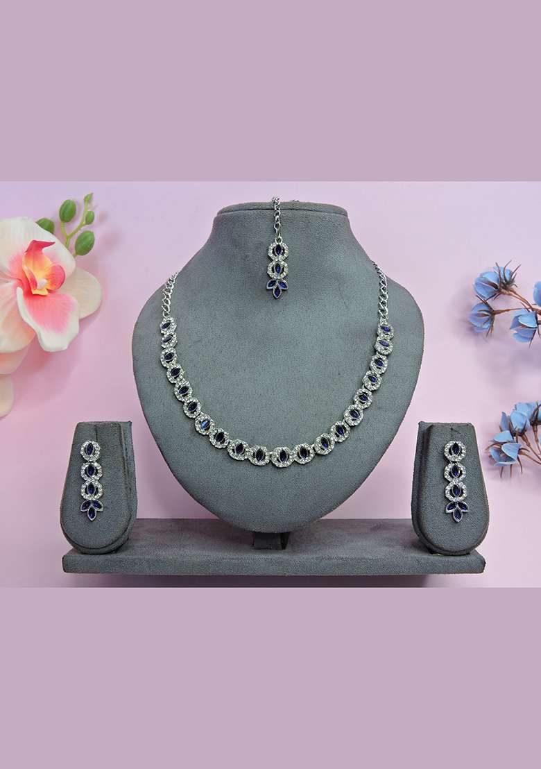 Blue Alloy American Diamonds and Stone Necklace Set - Indya