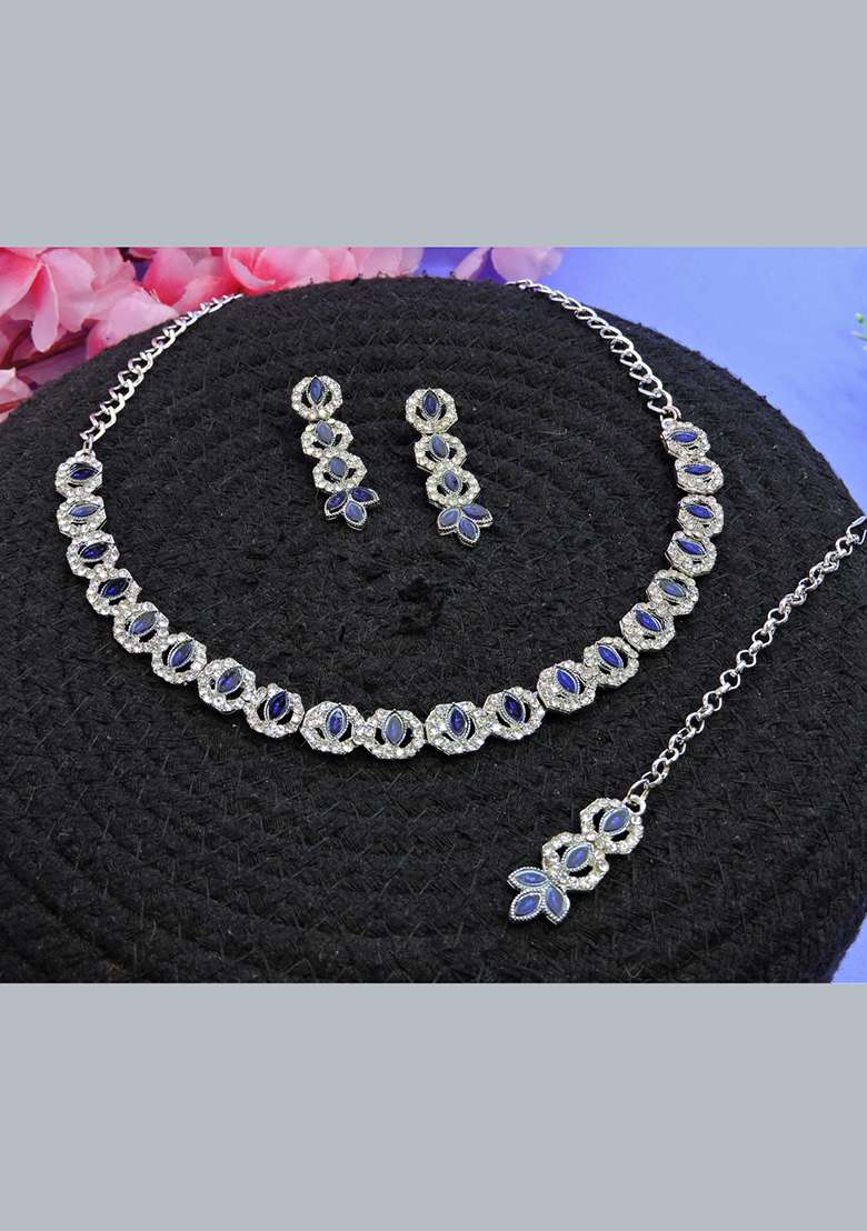 Blue Alloy American Diamonds and Stone Necklace Set - Indya