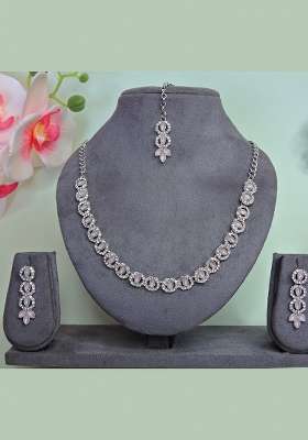 Pink Alloy American Diamonds and Stone Necklace Set