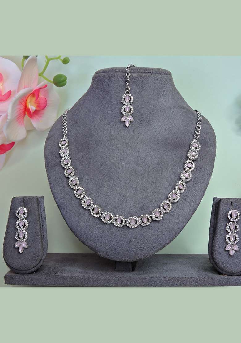 Pink Alloy American Diamonds and Stone Necklace Set - Indya