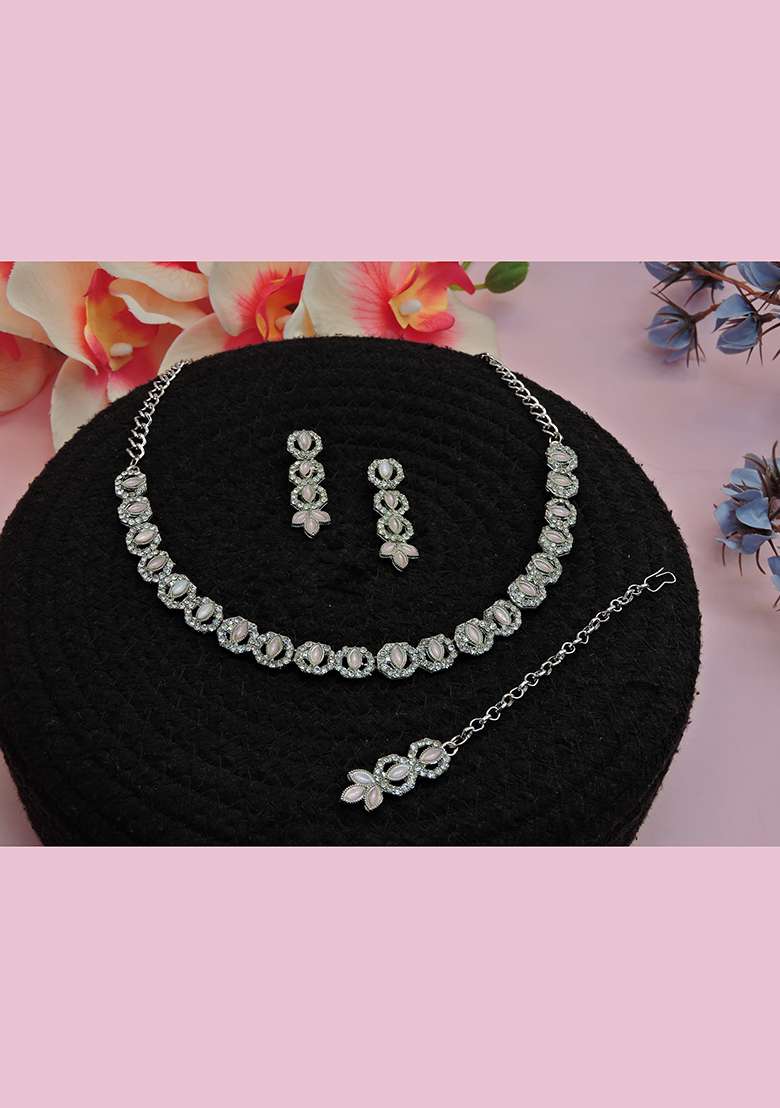 Pink Alloy American Diamonds and Stone Necklace Set - Indya
