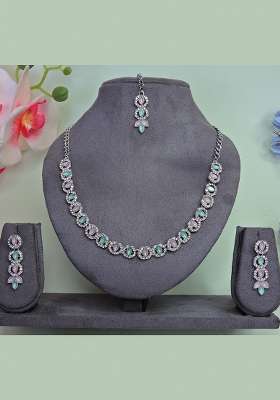Green Alloy American Diamonds and Stone Necklace Set