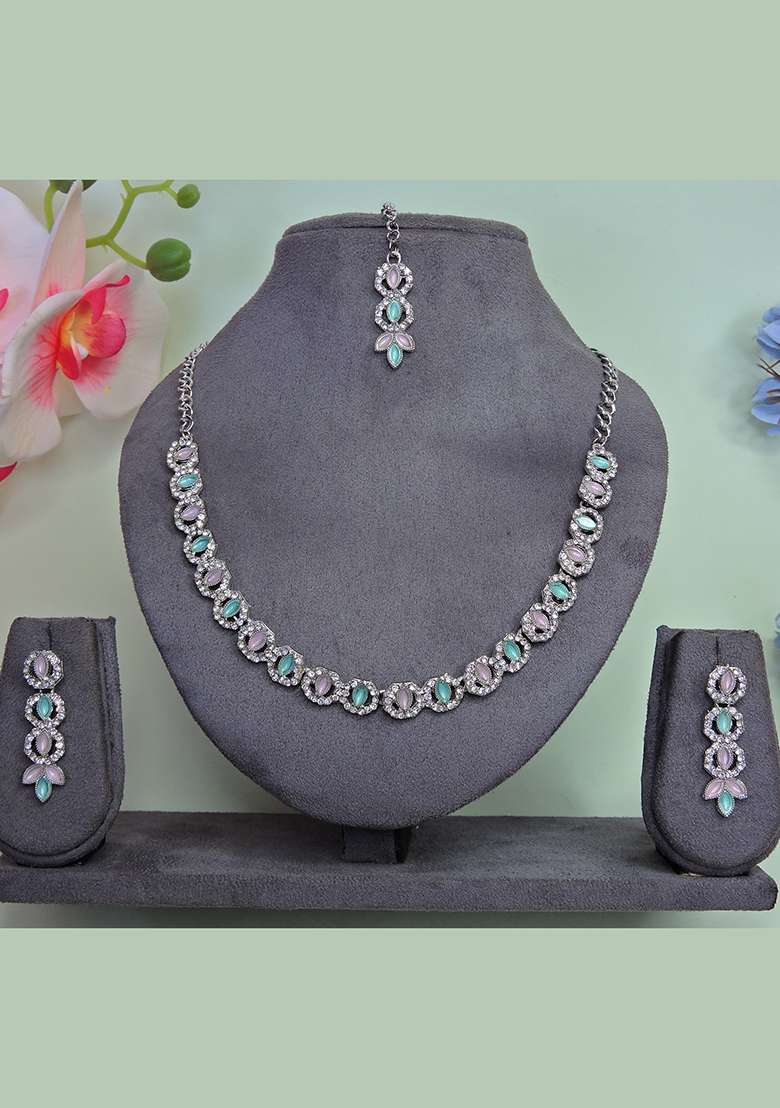 Green Alloy American Diamonds and Stone Necklace Set - Indya