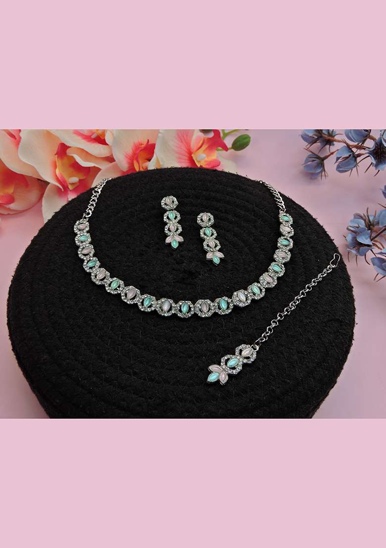 Green Alloy American Diamonds and Stone Necklace Set - Indya