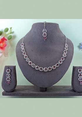 Purple Alloy American Diamonds and Stone Necklace Set