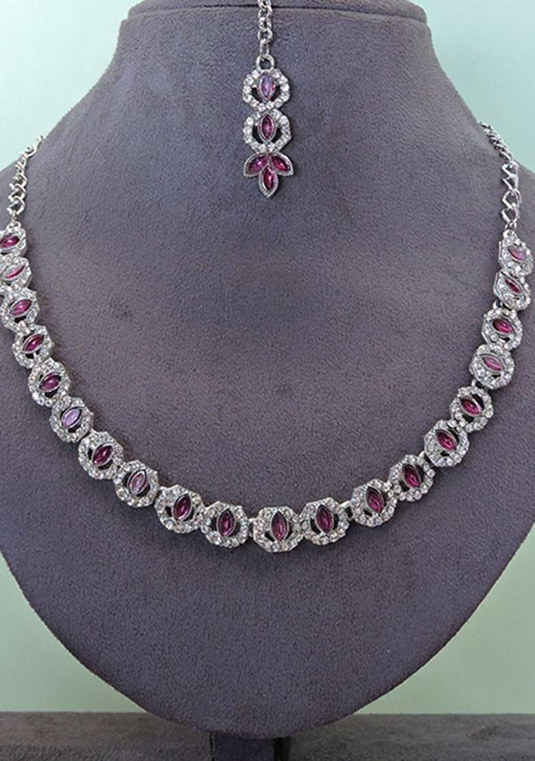 Purple Alloy American Diamonds and Stone Necklace Set - Indya