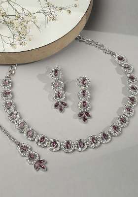 Purple Alloy American Diamonds and Stone Necklace Set