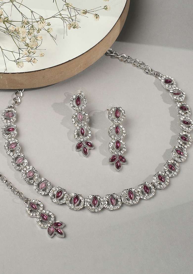 Purple Alloy American Diamonds and Stone Necklace Set - Indya