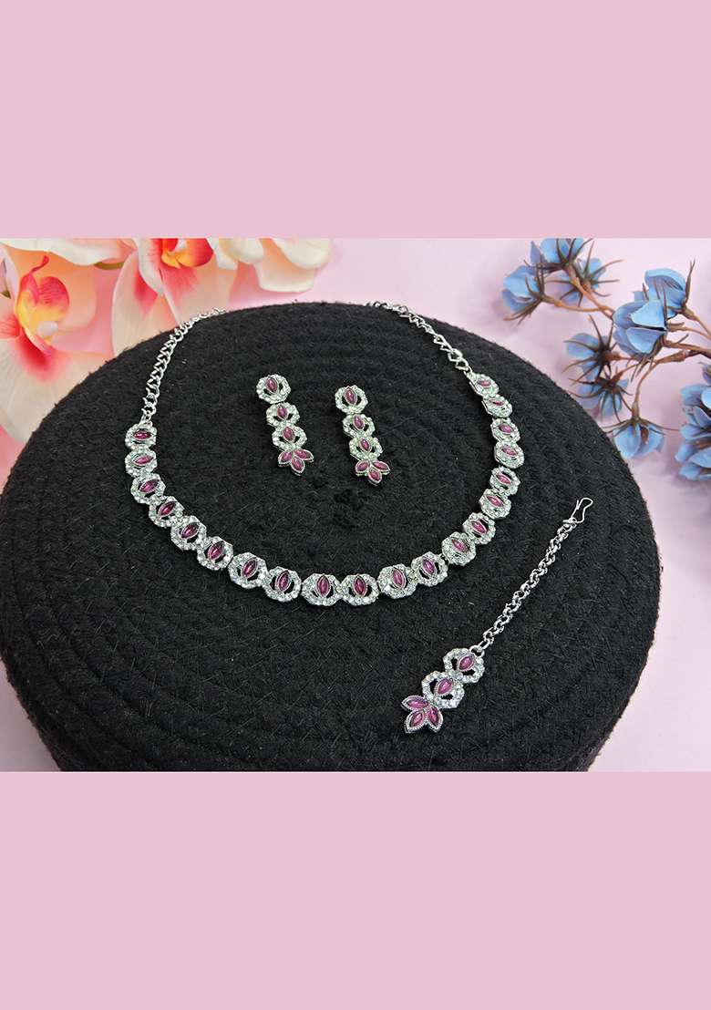 Purple Alloy American Diamonds and Stone Necklace Set - Indya