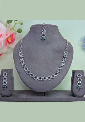 Green Alloy American Diamonds and Stone Necklace Set