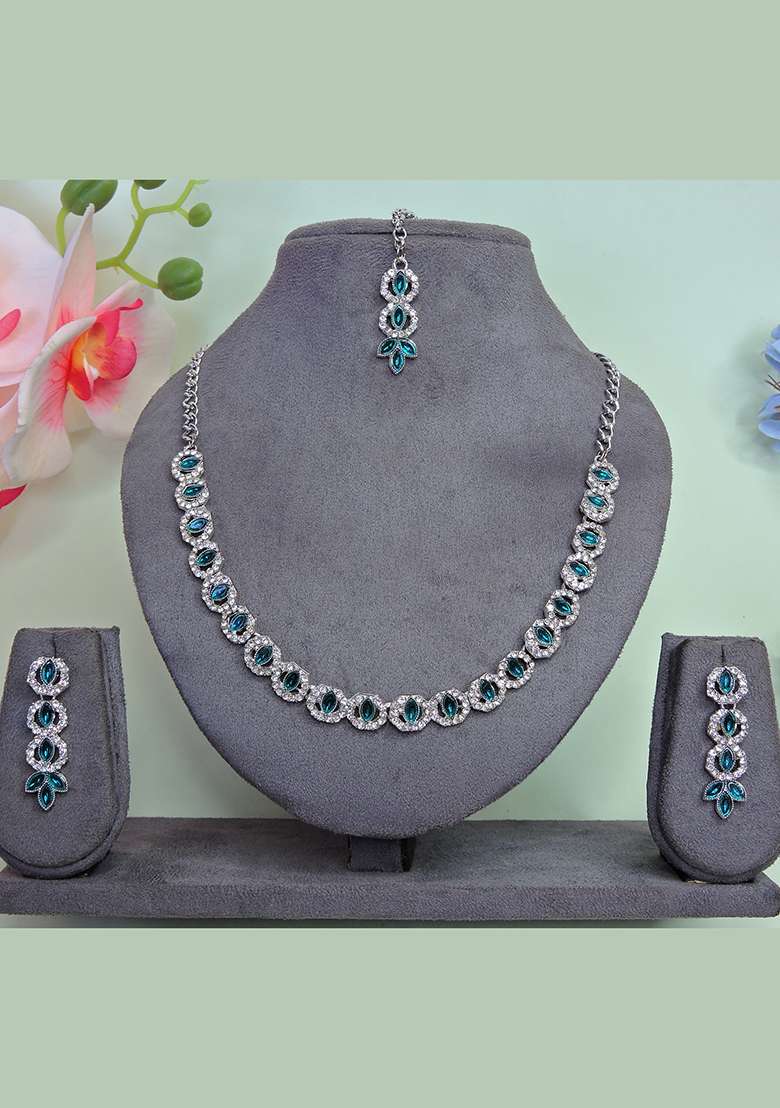 Green Alloy American Diamonds and Stone Necklace Set - Indya